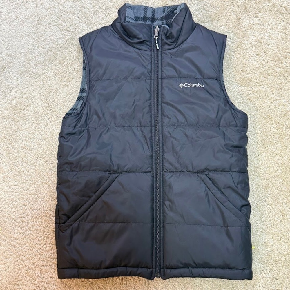 Columbia Reversible Puffer Vest Black Plaid Fleece Full Zip Womens Large 14/16